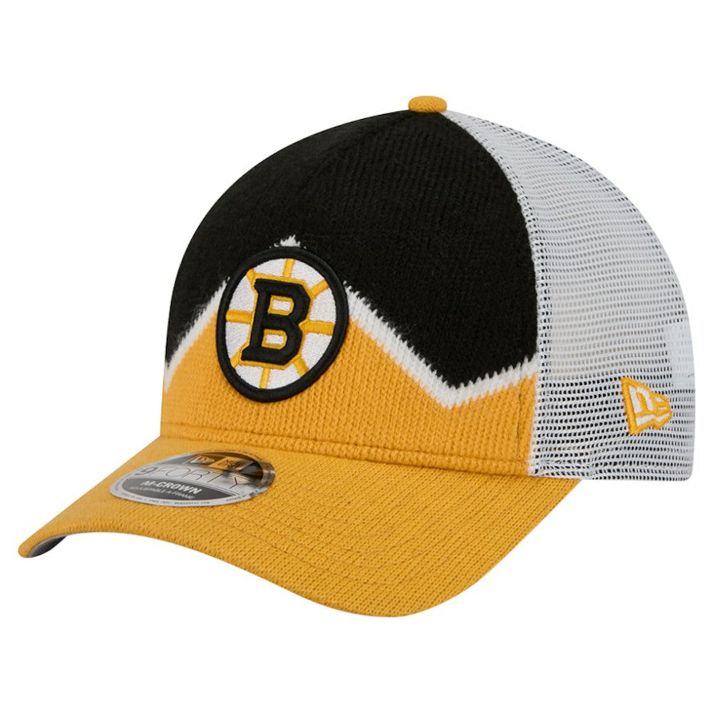 Boston Bruins New Era Hockey Sock 9FORTY A-Frame M-Crown Adjustable Trucker Hat - Gold/Black | New Era on sale