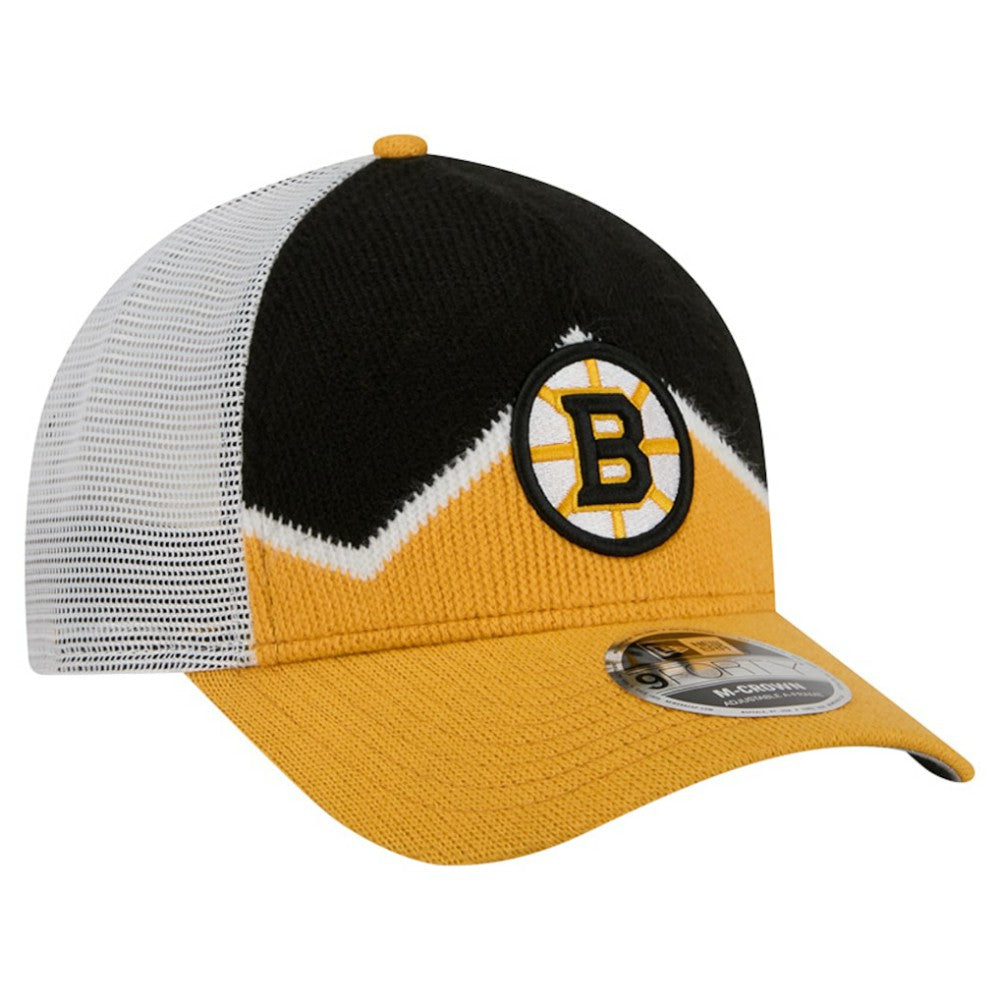 Boston Bruins New Era Hockey Sock 9FORTY A-Frame M-Crown Adjustable Trucker Hat - Gold/Black | New Era on sale