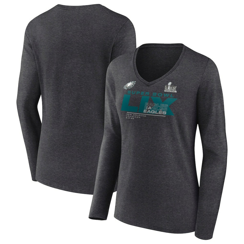 Philadelphia Eagles Women's Super Bowl LIX Quick Pass Long Sleeve V-Neck T-Shirt - Heather Charcoal - Fanatics