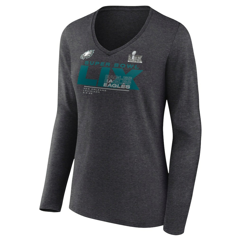 Philadelphia Eagles Women's Super Bowl LIX Quick Pass Long Sleeve V-Neck T-Shirt - Heather Charcoal - Fanatics