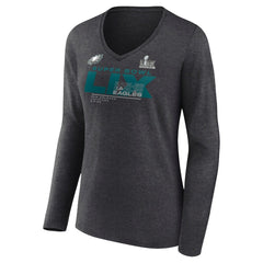 Philadelphia Eagles Women's Super Bowl LIX Quick Pass Long Sleeve V-Neck T-Shirt - Heather Charcoal - Fanatics