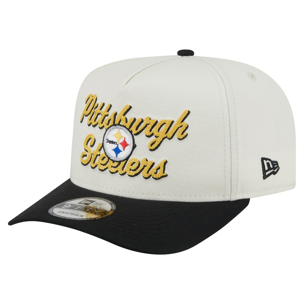 Pittsburgh Steelers New Era Chainstitch A-Frame 9FIFTY Adjustable Hat - Cream/Black - NFL