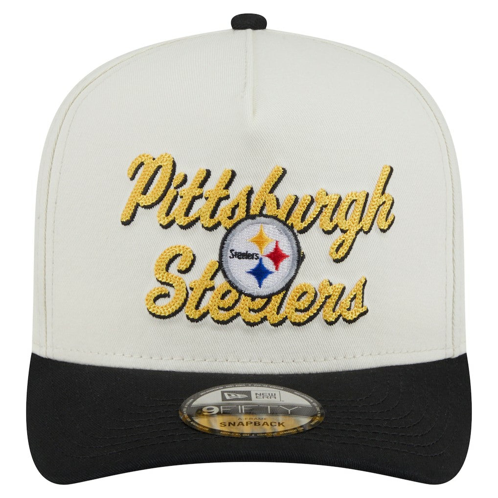 Pittsburgh Steelers New Era Chainstitch A-Frame 9FIFTY Adjustable Hat - Cream/Black - NFL