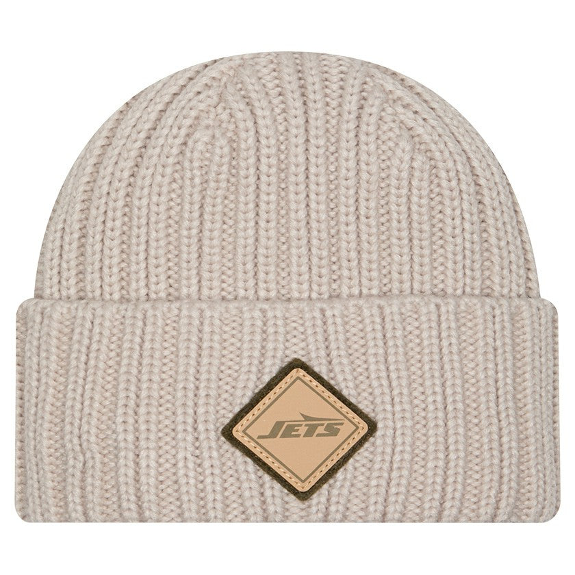 New York Jets New Era Logo Applique Cuffed Knit Hat - Light Beige - NFL