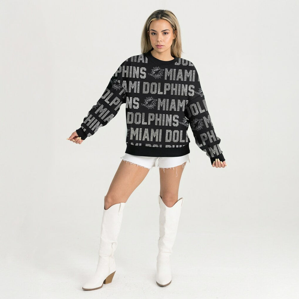 Miami Dolphins Gameday Couture Women's Oversized Hype Era Rhinestone Text Sweatshirt - Black - NFL