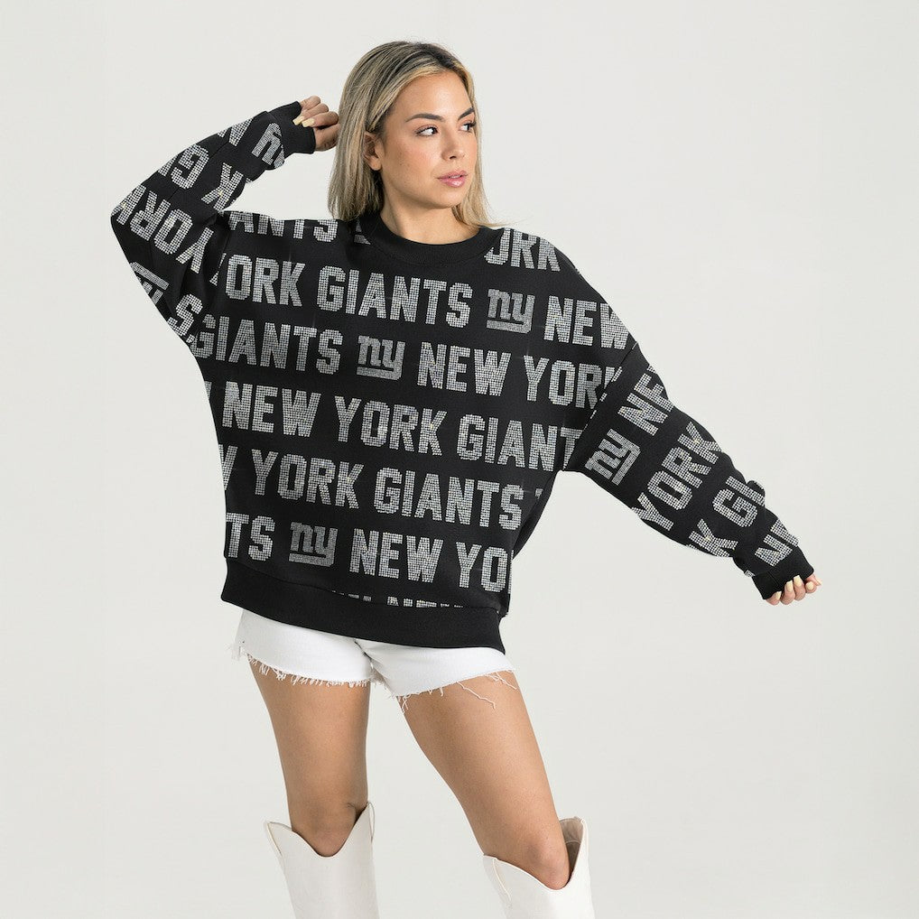 New York Giants Gameday Couture Women's Oversized Hype Era Rhinestone Text Sweatshirt - Black - NFL