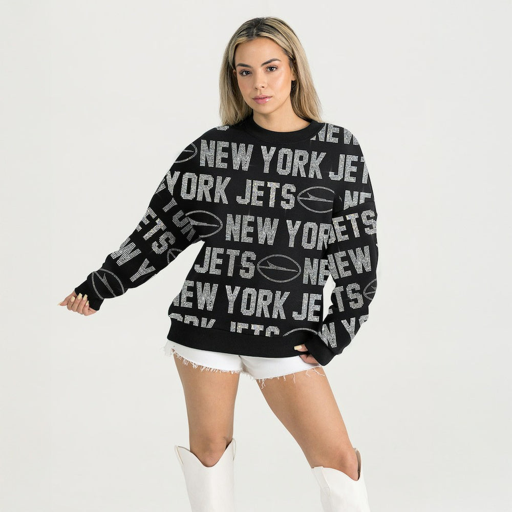 New York Jets Gameday Couture Women's Oversized Hype Era Rhinestone Text Sweatshirt - Black - NFL