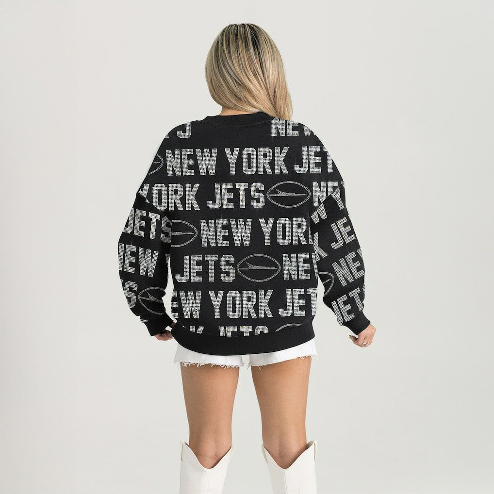 New York Jets Gameday Couture Women's Oversized Hype Era Rhinestone Text Sweatshirt - Black - NFL