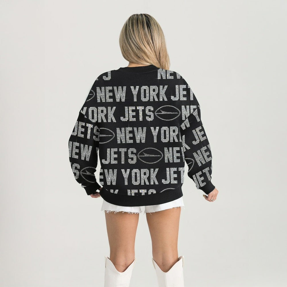 New York Jets Gameday Couture Women's Oversized Hype Era Rhinestone Text Sweatshirt - Black - NFL