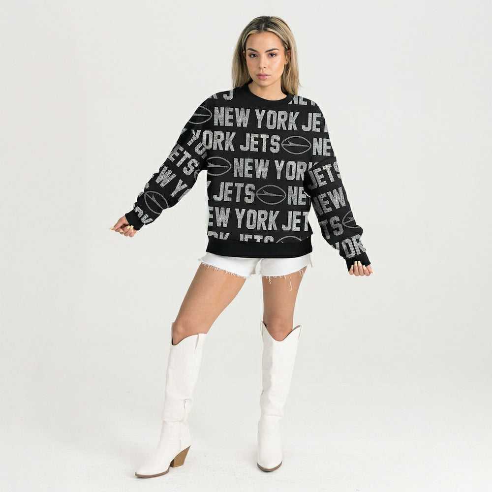 New York Jets Gameday Couture Women's Oversized Hype Era Rhinestone Text Sweatshirt - Black - NFL