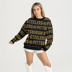 Pittsburgh Steelers Gameday Couture Women's Oversized Hype Era Rhinestone Text Sweatshirt - Black - NFL