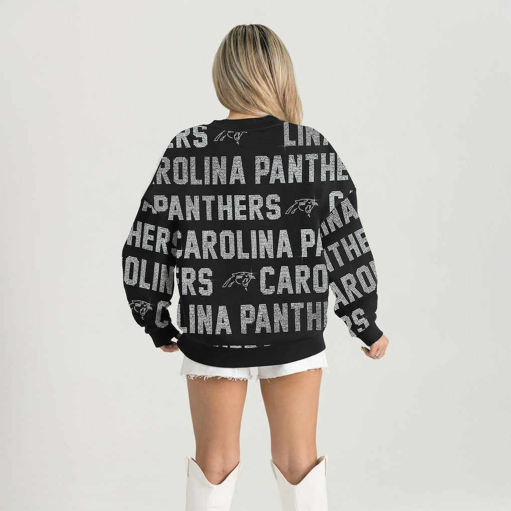 Carolina Panthers Gameday Couture Women's Oversized Hype Era Rhinestone Text Sweatshirt - Black - NFL
