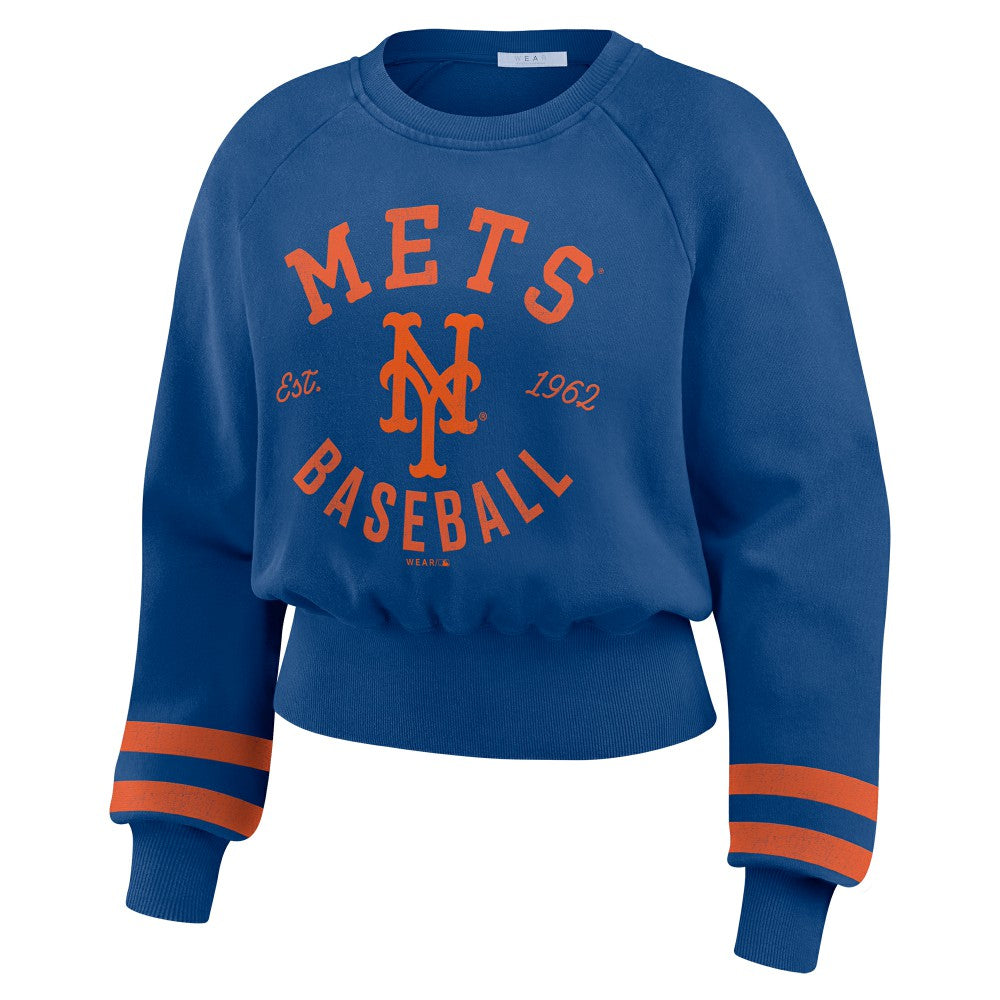 New York Mets WEAR by Erin Andrews Women's Vintage Washed Cropped Pullover Sweatshirt Discount