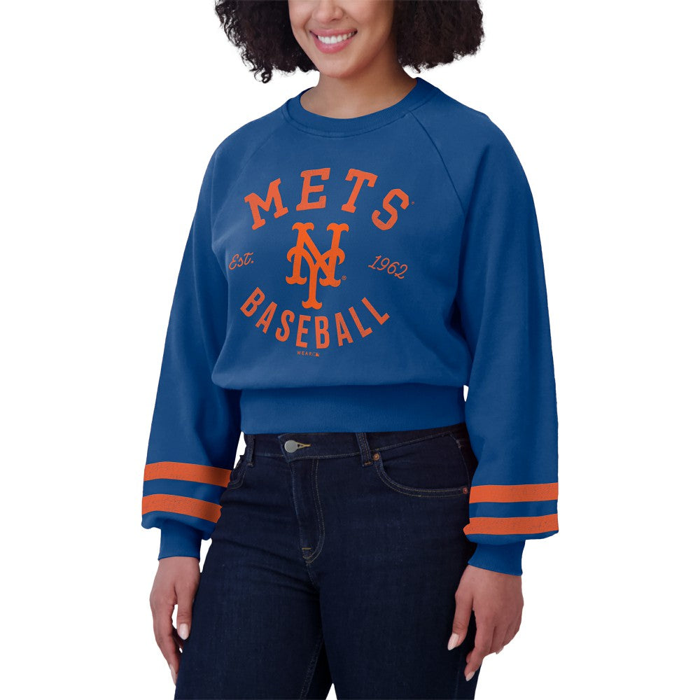 New York Mets WEAR by Erin Andrews Women's Vintage Washed Cropped Pullover Sweatshirt Discount