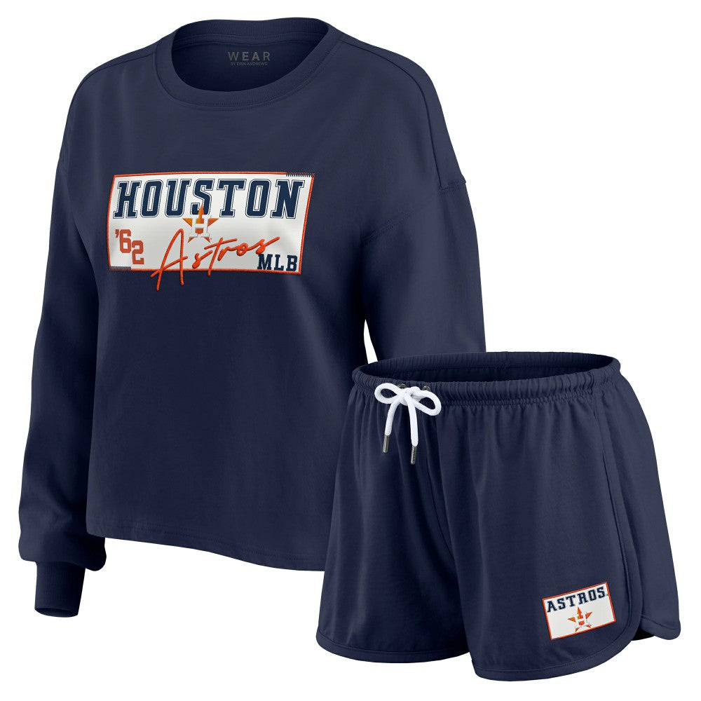 Houston Astros WEAR by Erin Andrews Women's Heavy Rugby Jersey Cropped Long Sleeve T-Shirt & Shorts Lounge Set Sale
