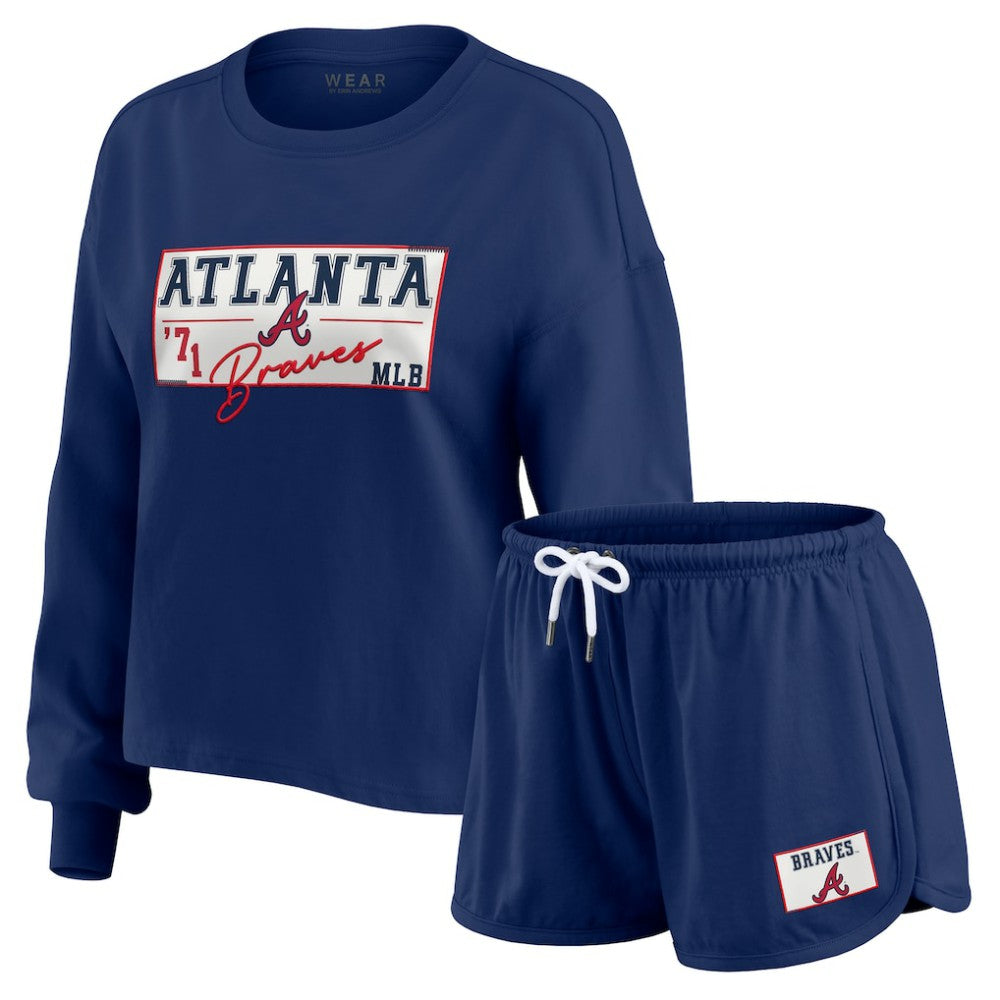 Atlanta Braves WEAR by Erin Andrews Women's Heavy Rugby Jersey Cropped Long Sleeve T-Shirt & Shorts Lounge Set Discount