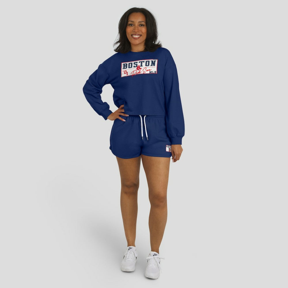 Boston Red Sox WEAR by Erin Andrews Women's Heavy Rugby Jersey Cropped Long Sleeve T-Shirt & Shorts Lounge Set Discount
