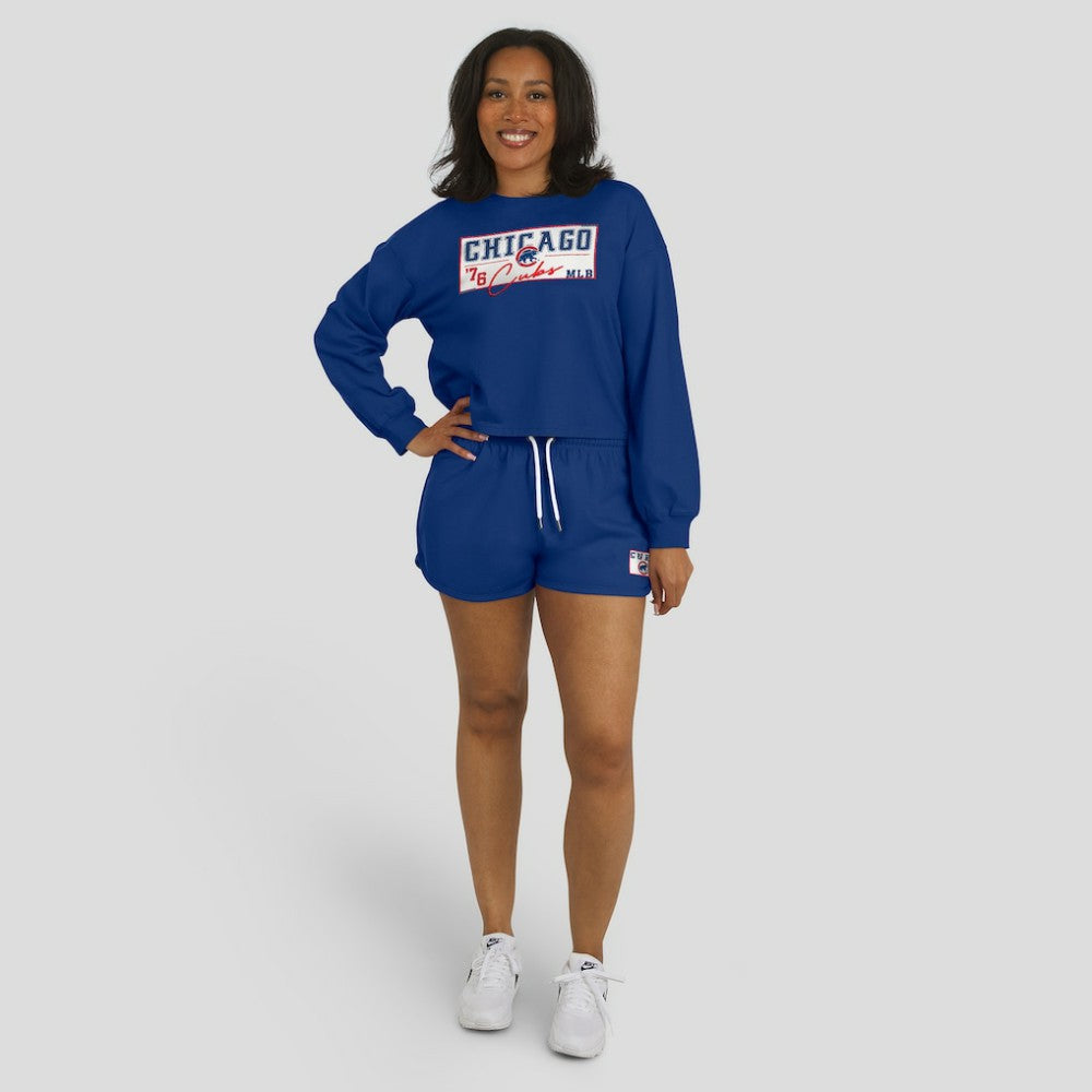 Chicago Cubs WEAR by Erin Andrews Women's Heavy Rugby Jersey Cropped Long Sleeve T-Shirt & Shorts Lounge Set Online