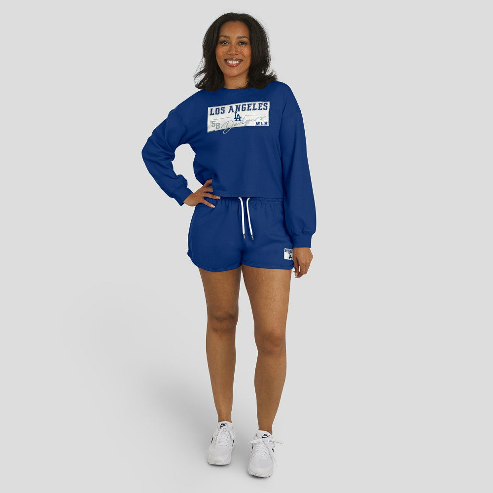 Los Angeles Dodgers WEAR by Erin Andrews Women's Heavy Rugby Jersey Cropped Long Sleeve T-Shirt & Shorts Lounge Set Near Me