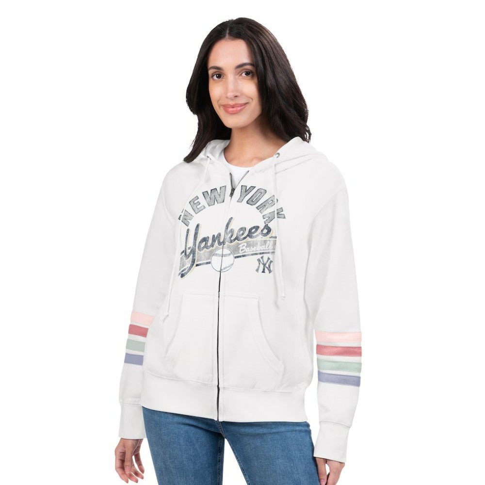 New York Yankees G-III 4Her by Carl Banks Women's Naamah Sleeve Stripe Fleece Full-Zip Hoodie Outlet