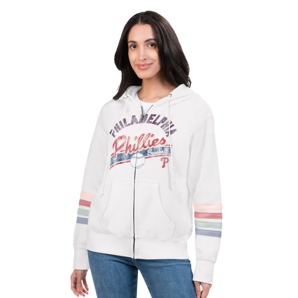 Philadelphia Phillies G-III 4Her by Carl Banks Women's Naamah Sleeve Stripe Fleece Full-Zip Hoodie Outlet