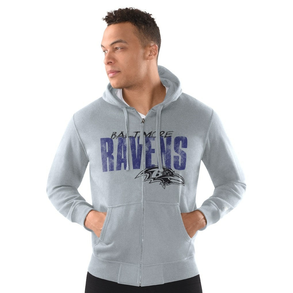 Baltimore Ravens Starter Distressed Classic Full-Zip Hoodie - Heather Gray - NFL