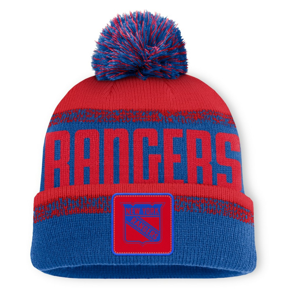 New York Rangers Fanatics Fundamentals Thrive Cuffed Knit Hat with Pom - Blue/Red | Fanatics Lifestyle