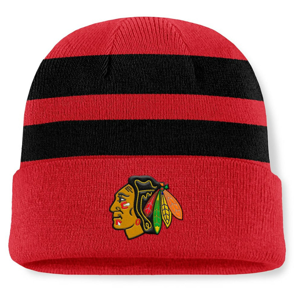 Chicago Blackhawks Fanatics Fundamental Swipe Stripe Cuffed Knit Hat - Red/Black | Fanatics Lifestyle