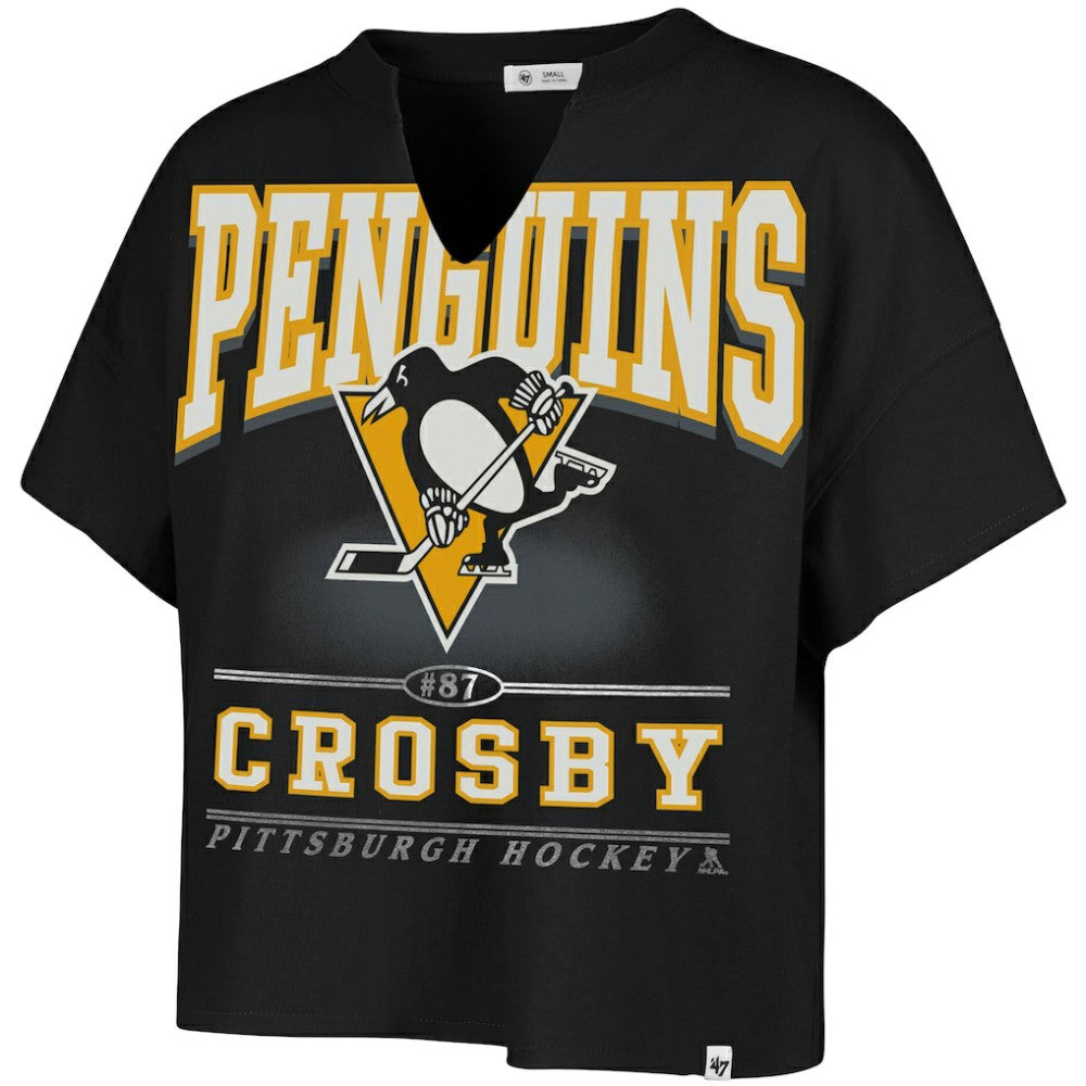 Sidney Crosby Pittsburgh Penguins '47 Women's Elation Name & Number Oversized Notch Neck T-Shirt - Black | 47 brand on sale