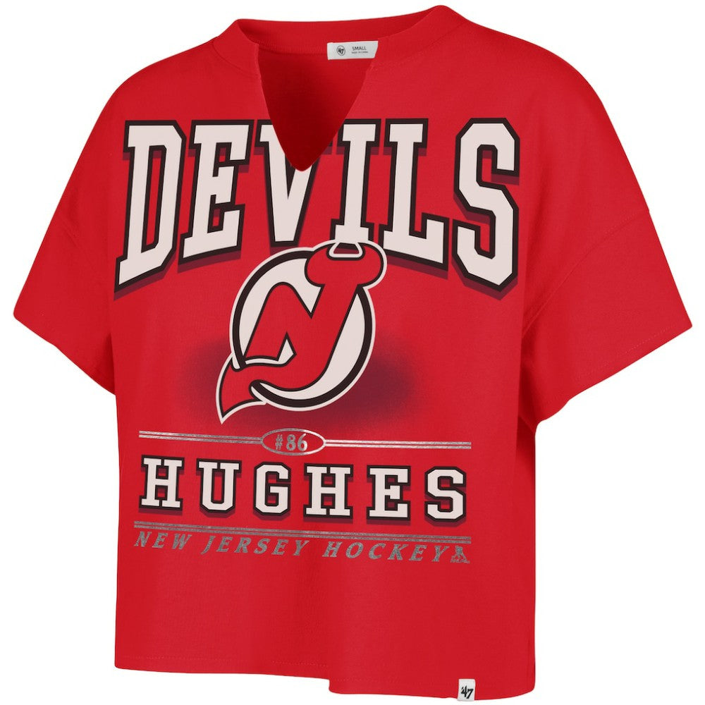 Jack Hughes New Jersey Devils '47 Women's Elation Name & Number Oversized Notch Neck T-Shirt - Red | 47 brand on sale