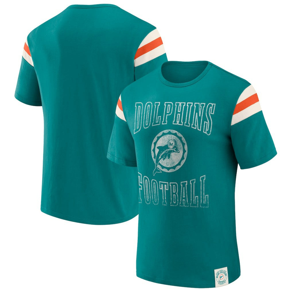Miami Dolphins Darius Rucker Collection Distressed Throwback Shoulder Stripe T-Shirt - Aqua - Fanatics