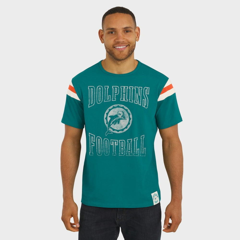 Miami Dolphins Darius Rucker Collection Distressed Throwback Shoulder Stripe T-Shirt - Aqua - Fanatics