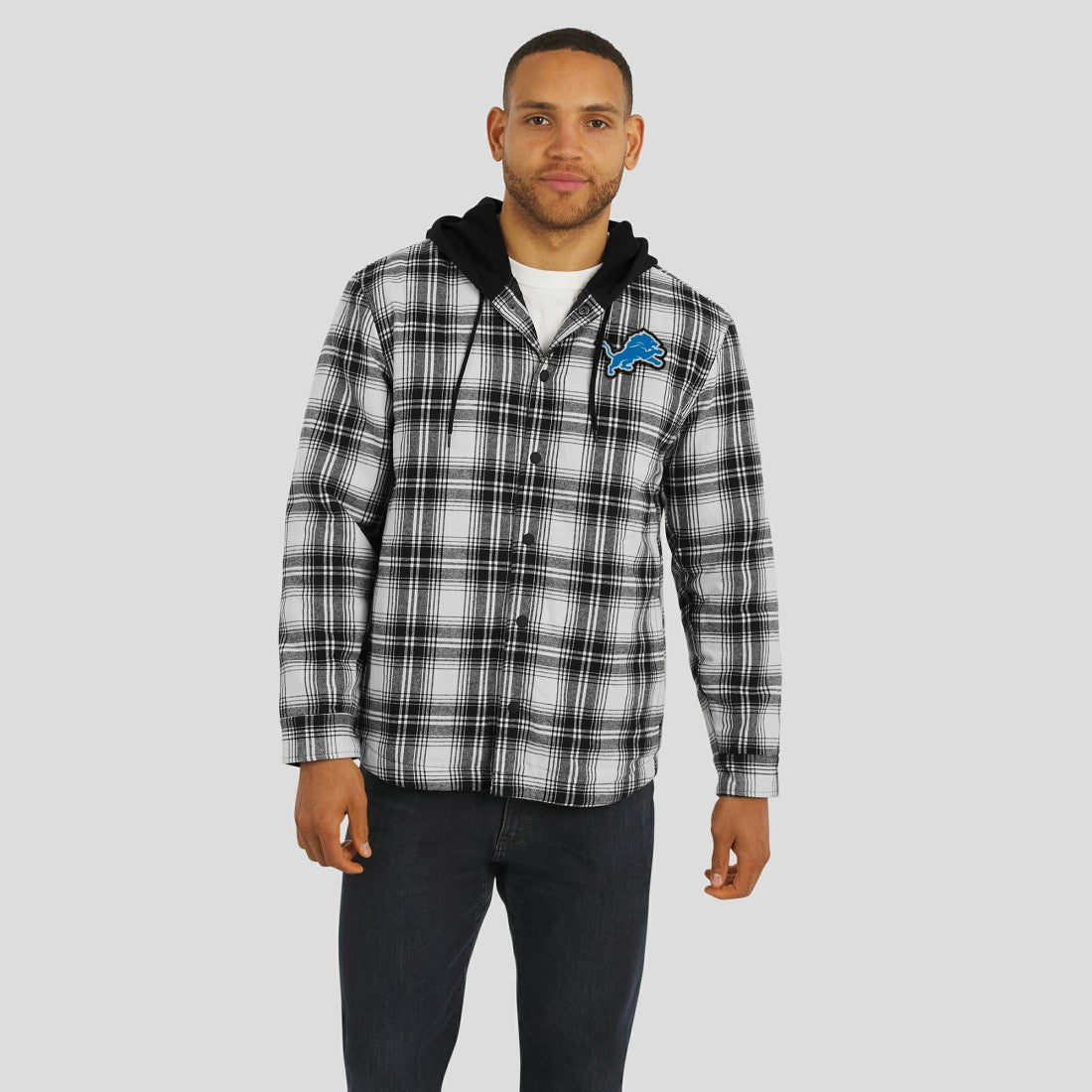 Detroit Lions NFL x Darius Rucker Collection Plaid Flannel Quilted Full-Snap Hooded Shacket - Black - Fanatics