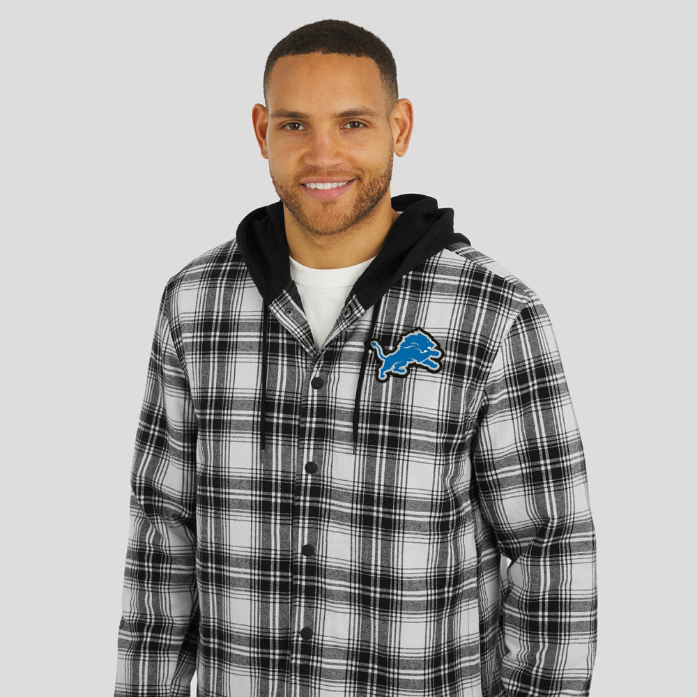 Detroit Lions NFL x Darius Rucker Collection Plaid Flannel Quilted Full-Snap Hooded Shacket - Black - Fanatics