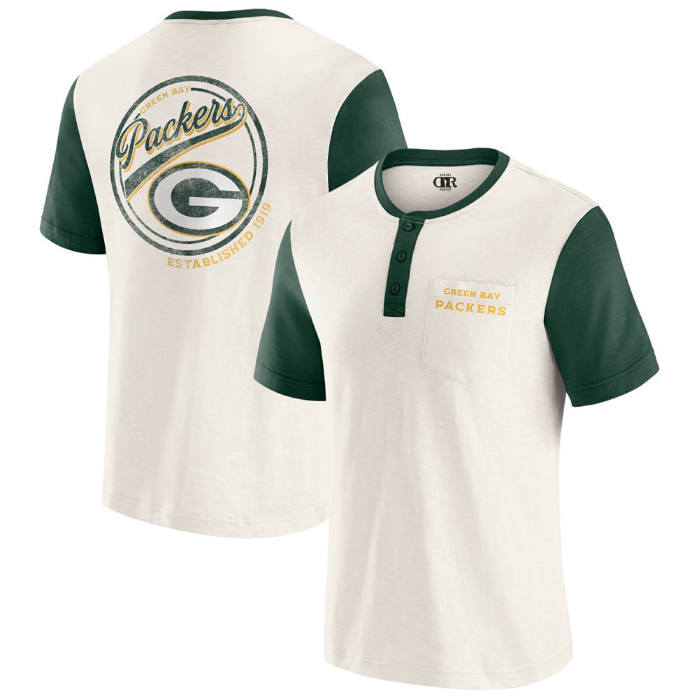 Green Bay Packers Darius Rucker Collection Henley Colorblock Slub Pocket T-Shirt - Cream - Fanatics