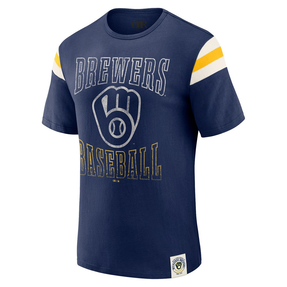 Milwaukee Brewers Darius Rucker Collection by Fanatics Distressed Sleeve Stripe T-Shirt Near Me
