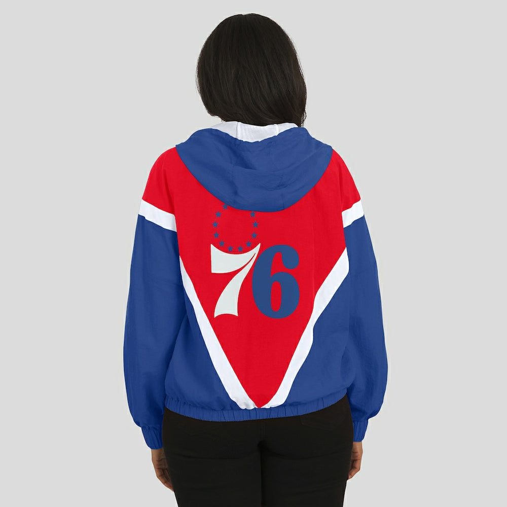 Philadelphia 76ers WEAR by Erin Andrews Women's Colorblock Full-Zip Hoodie Windbreaker Jacket Red/Royal