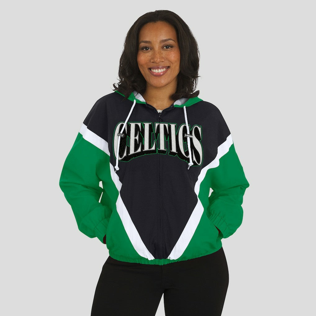 Boston Celtics WEAR by Erin Andrews Women's Colorblock Full-Zip Hoodie Windbreaker Jacket Black/Kelly Green
