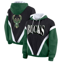 Milwaukee Bucks WEAR by Erin Andrews Women's Colorblock Full-Zip Hoodie Windbreaker Jacket Black/Hunter Green
