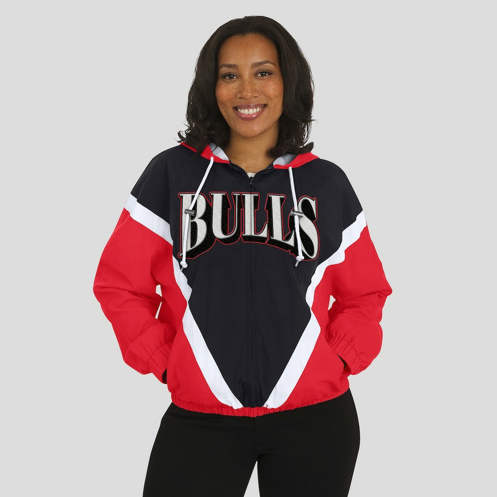 Chicago Bulls WEAR by Erin Andrews Women's Colorblock Full-Zip Hoodie Windbreaker Jacket Black/Red