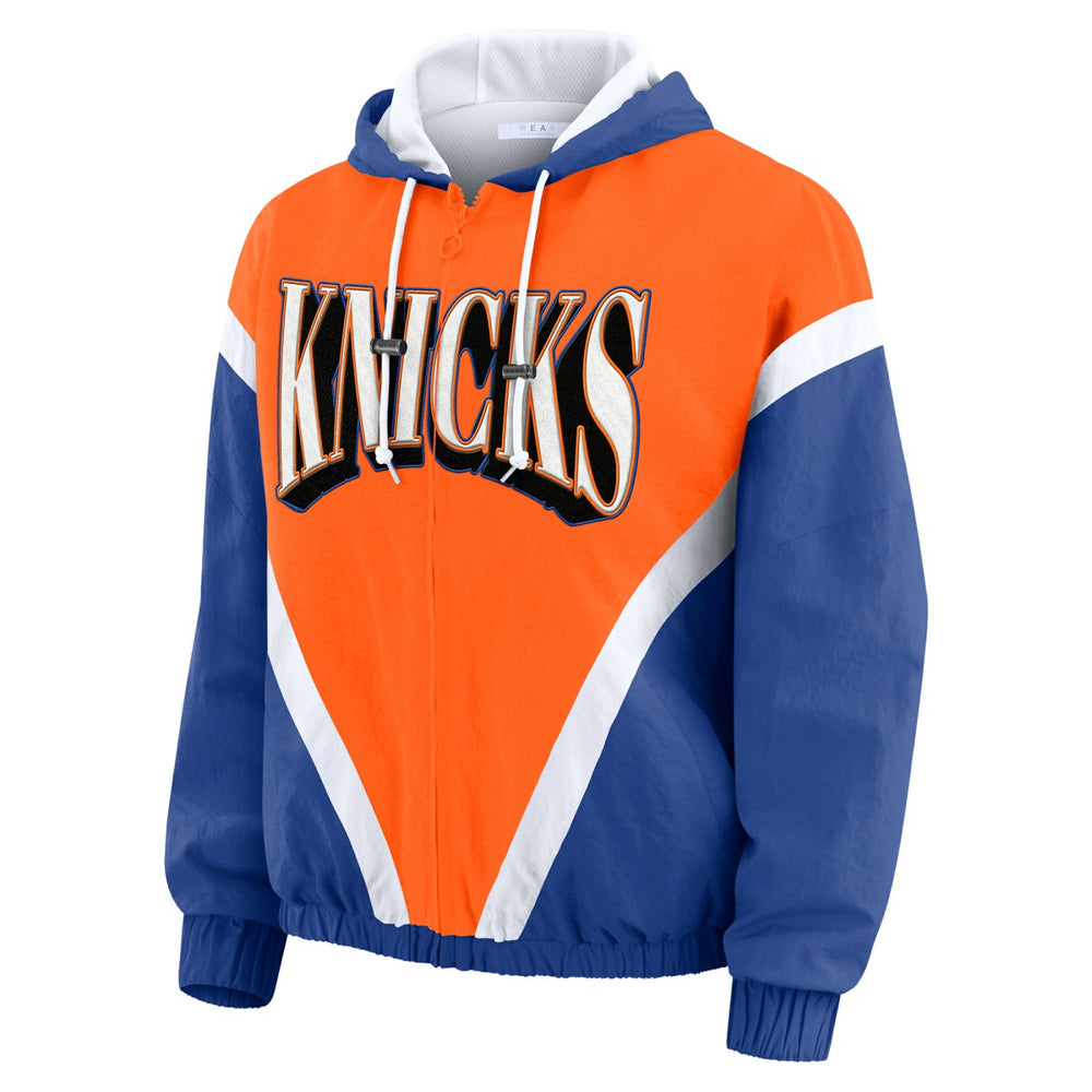 New York Knicks WEAR by Erin Andrews Women's Colorblock Full-Zip Hoodie Windbreaker Jacket Orange/Royal