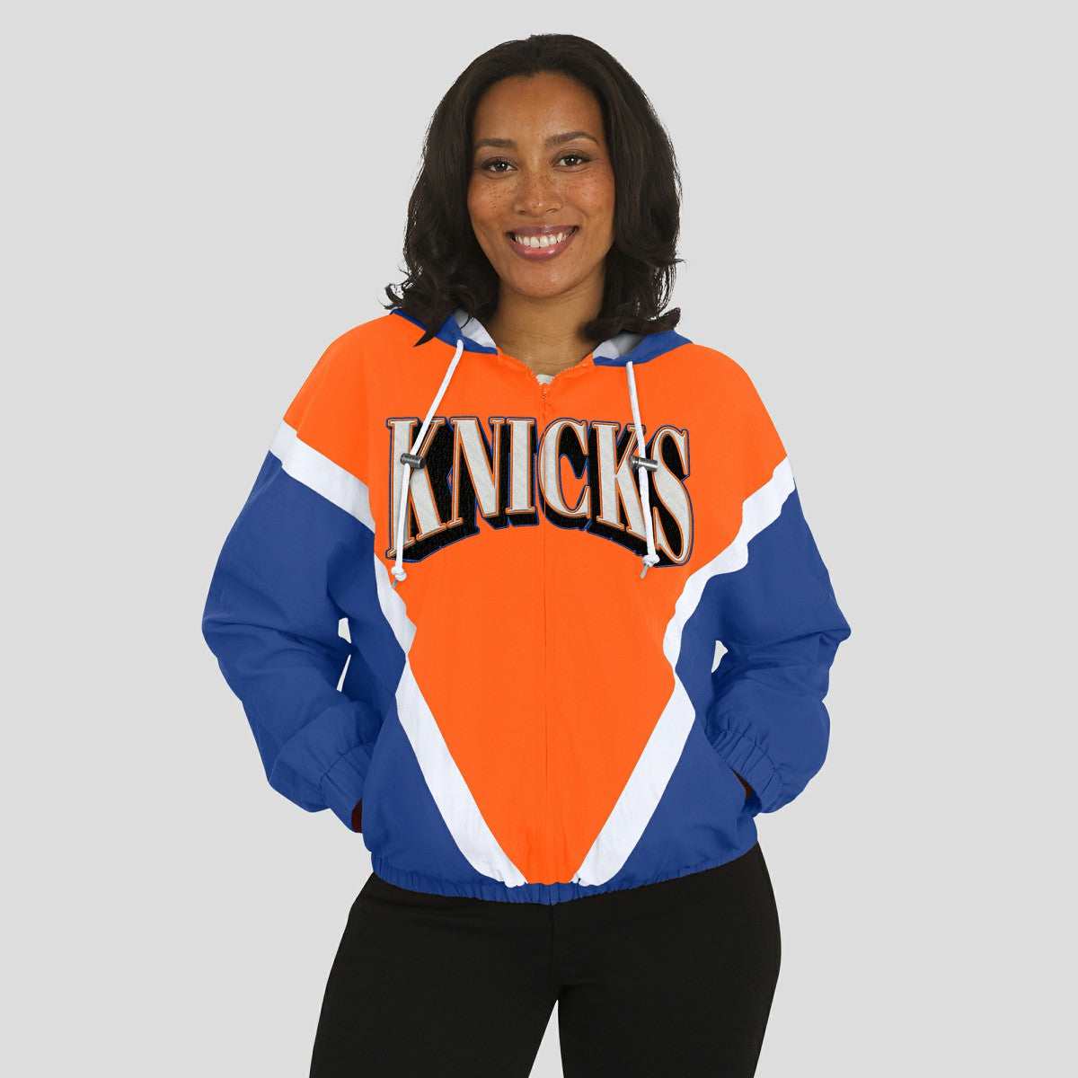 New York Knicks WEAR by Erin Andrews Women's Colorblock Full-Zip Hoodie Windbreaker Jacket Orange/Royal