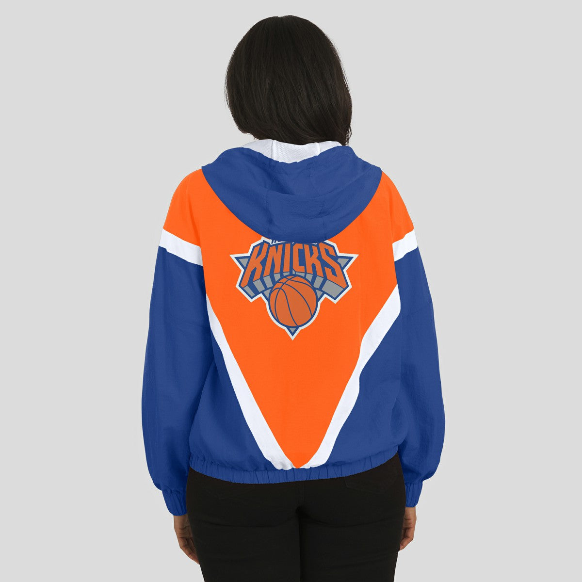 New York Knicks WEAR by Erin Andrews Women's Colorblock Full-Zip Hoodie Windbreaker Jacket Orange/Royal