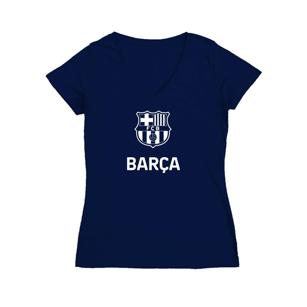 Barcelona Vive La Fete Women's Color Badge V-Neck Fitted T-Shirt Navy