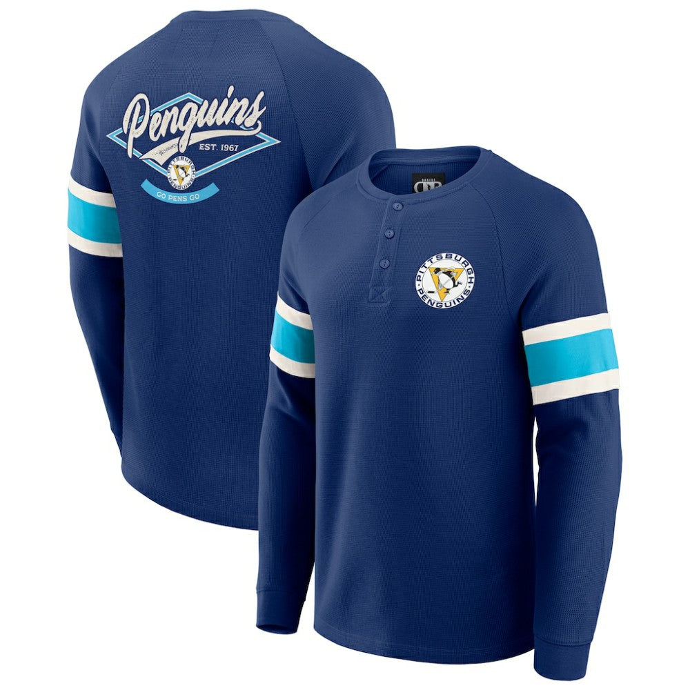 Pittsburgh Penguins Darius Rucker Collection by Fanatics Waffle-Knit Raglan Long Sleeve Henley T-Shirt - Navy | Fanatics Clearance