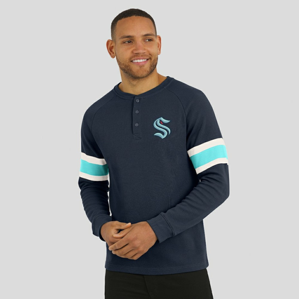 Seattle Kraken Darius Rucker Collection by Fanatics Waffle-Knit Raglan Long Sleeve Henley T-Shirt - Deep Sea Blue | Fanatics Clearance