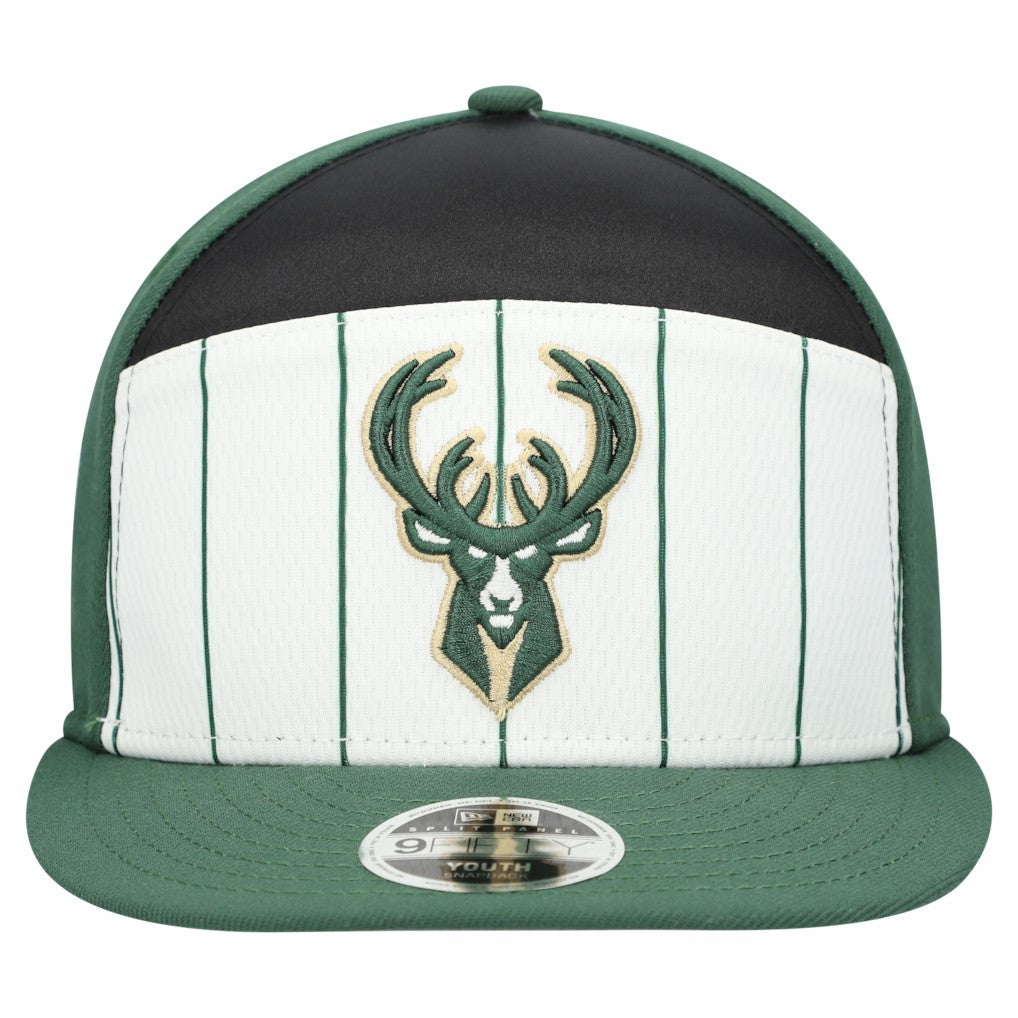 New Era Milwaukee Bucks Youth 2025 NBA Tip Off Split Panel 9FIFTY Snapback Hat White/Hunter Green
