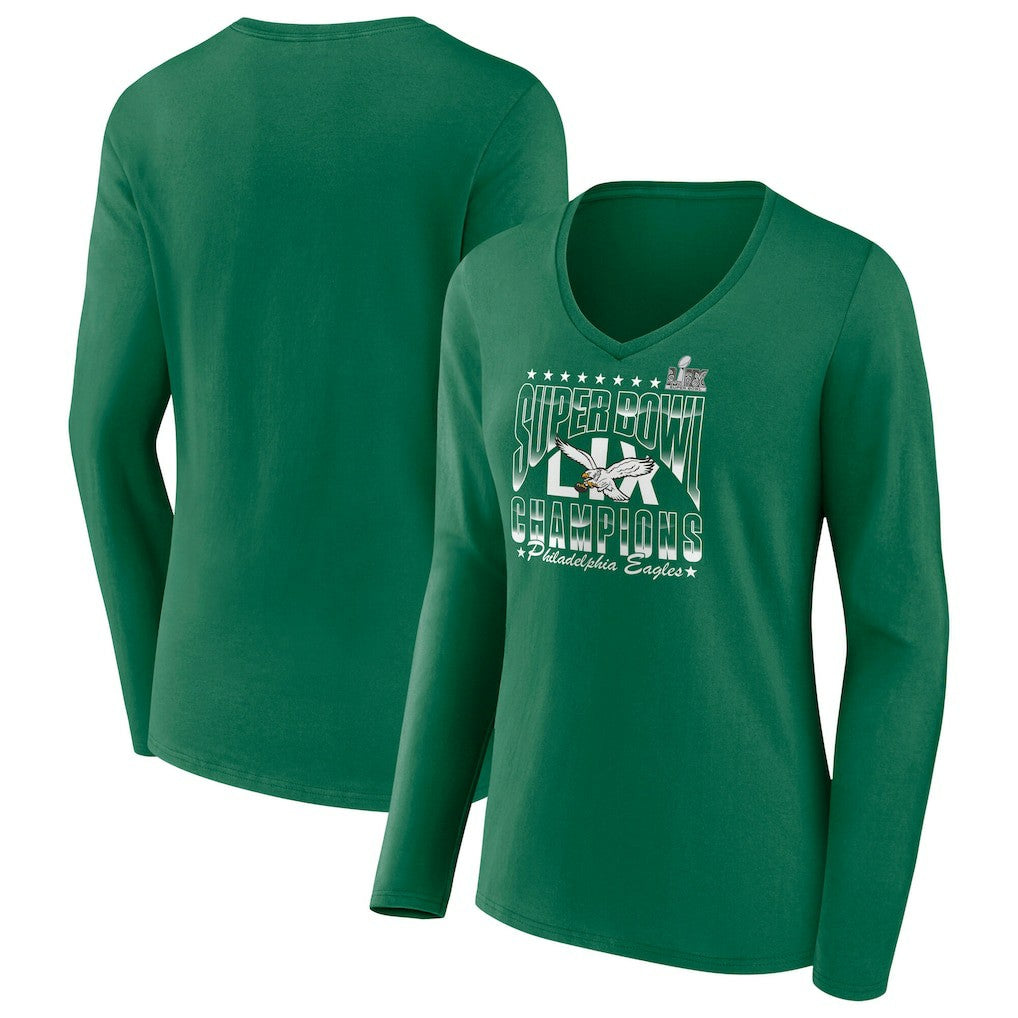 Philadelphia Eagles Women's Super Bowl LIX Champions Retro Logo Long Sleeve V-Neck T-Shirt - Kelly Green - Fanatics