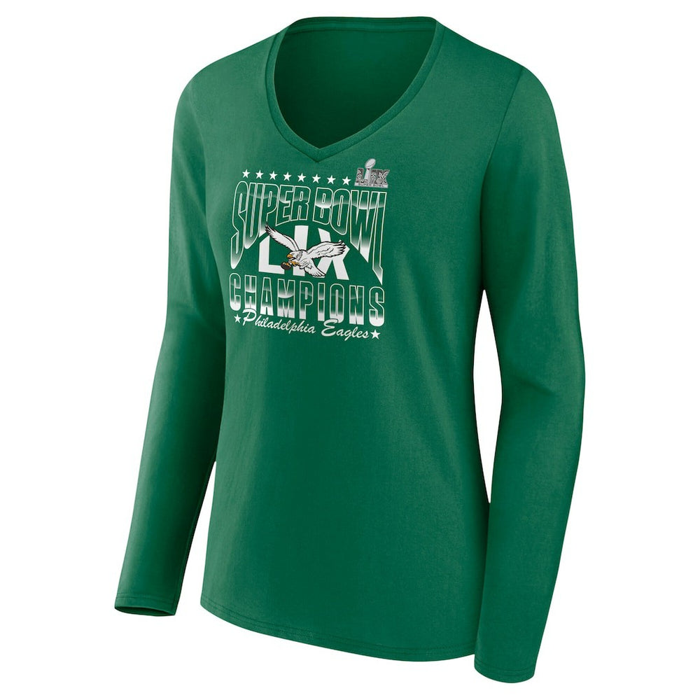 Philadelphia Eagles Women's Super Bowl LIX Champions Retro Logo Long Sleeve V-Neck T-Shirt - Kelly Green - Fanatics