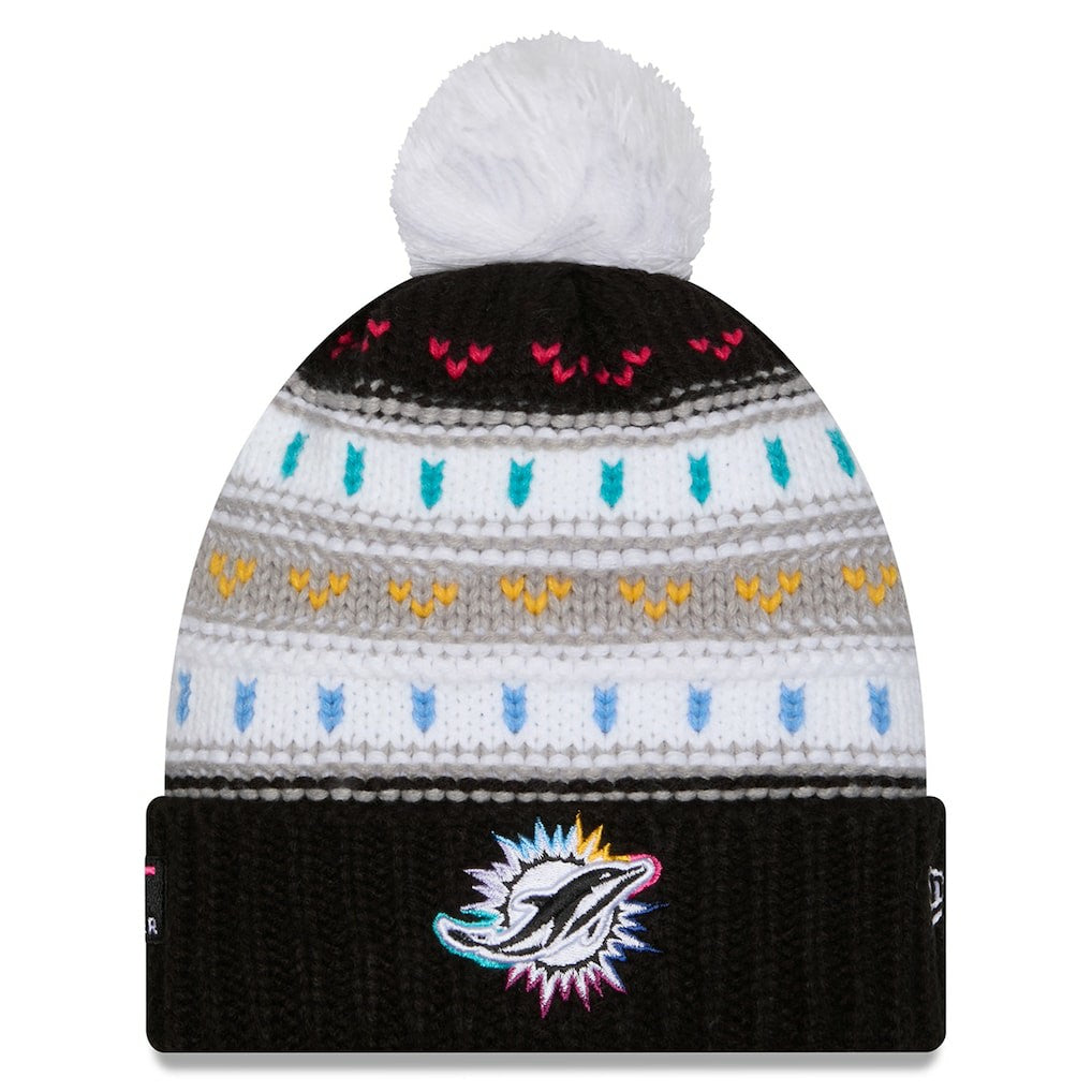 Miami Dolphins New Era Women's 2025 NFL Crucial Catch Cuffed Knit Hat with Pom - Black - NFL